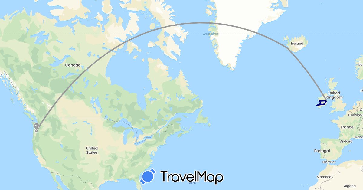 TravelMap itinerary: driving, plane in Ireland, Iceland, United States (Europe, North America)
